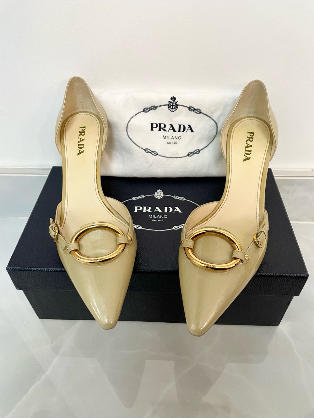 Prada Beige Patent Leather Pointed Toe Pumps with Gold Ring - Picture 2 of 5